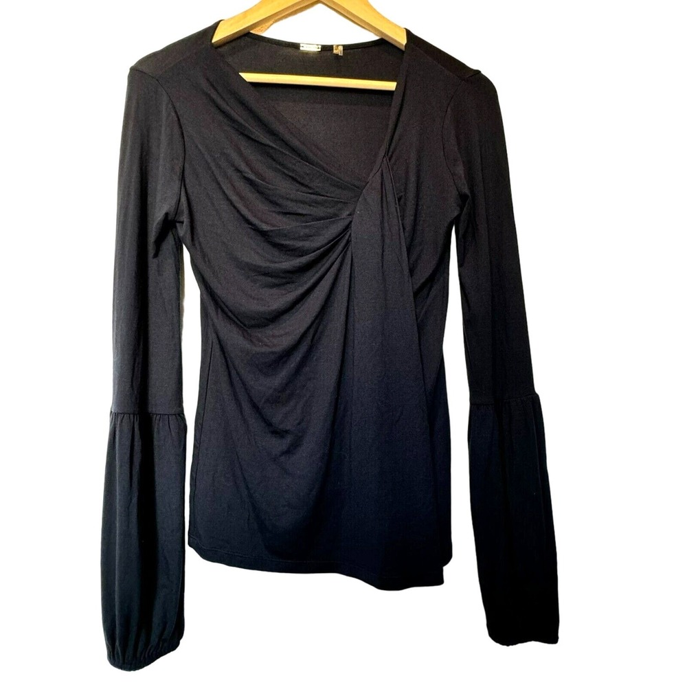 ELIE TAHARI Women's Small Black V-Neck Pleated Bell‎ Sleeve Career Top Blouse